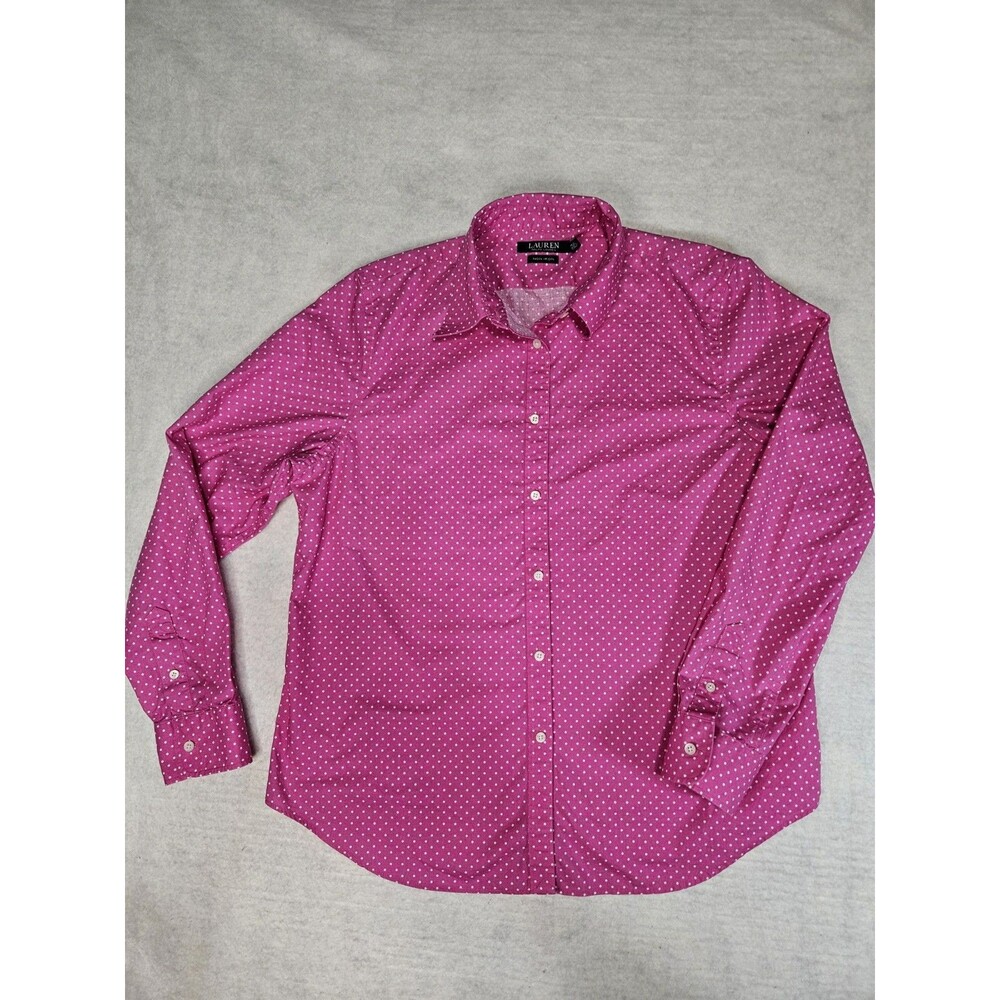 Lauren Ralph Lauren Shirt Women XL Pink Polka Dot Non Iron Button Up Classic